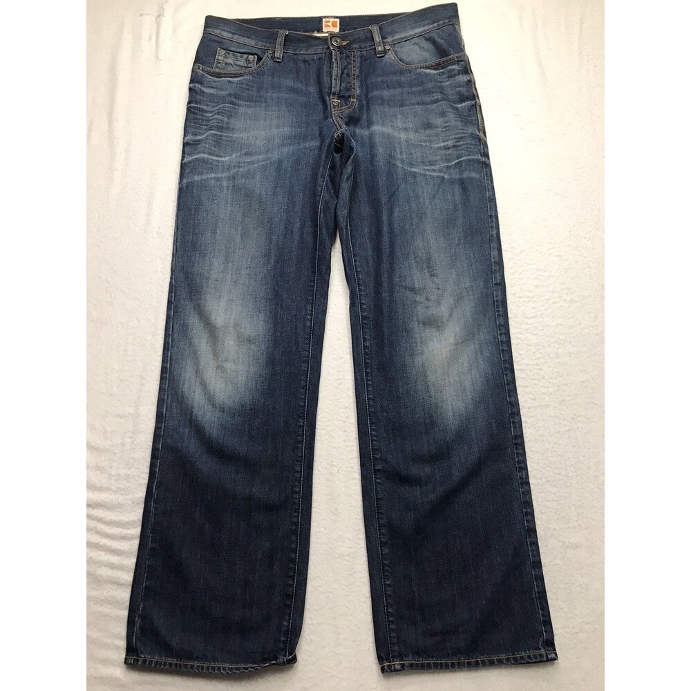 HUGO BOSS Orange Jeans Men 36X32 Reg Straight Whisker Button Fly Denim Blue